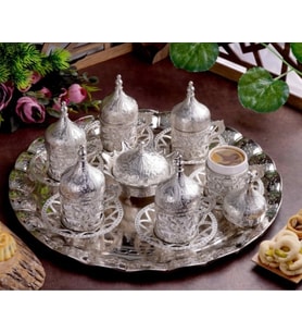 Sarmasik 6 Kisilik Gold Fincan Takimi & Sunum Tepsili , Cicek Desen Sarmasik, Hediye Kahve Takimi Kahve Fincani Kahveli Hediye Kutusu (Gümüş)