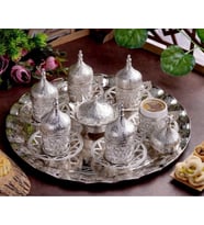Sarmasik 6 Kisilik Gold Fincan Takimi & Sunum Tepsili , Cicek Desen Sarmasik, Hediye Kahve Takimi Kahve Fincani Kahveli Hediye Kutusu (Gümüş)