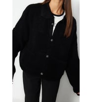 Kadın Modern Tarz Oversize Polo Yaka Regular Triko Hırka (Siyah)