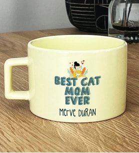 Kişiye Özel Best Cat Mom Ever Hediye Pastel Fincan En İyi Kedi Annesi (Sarı)