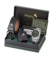 Polo Air Erkek Set Kombin Kemer Cüzdan Karlık Parfüm Kol Saati Hediyelik Kutusunda Set PL-0975E (Açık Yeşil-Gümüş)