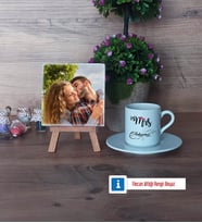 Eşe Hediye Mrs Fotoğraflı Dekoratif Taş, Ahşap Altlıklı Türk Kahvesi Fincanı Hediye Yıl Dönümü Hediyesi (Model 2)