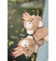 Teddy Bear Tasarım İçi Kürk Kapağı Düğmeli Premium Peluş Eldiven (Camel)