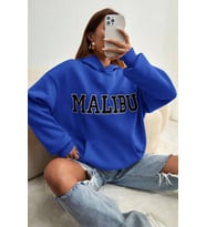 Unisex Malıbu Baskılı Oversize Sweatshirt (Mavi)