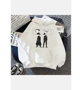 Jujutsu Kaisen Geto Ve Gojo Kapşonlu Sweatshirt (Beyaz)