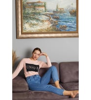 Yazı Baskılı Sweat 9130-1 (Pudra)