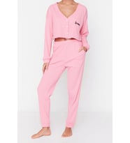 Tarz Rahat Uzun Kollu Boru Paça Fitilli Pamuklu Nakışlı Örme Pijama Takımı (Pembe)