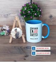 Dayıya Hediye Kupa Bardak Beyaz ve Fotoğraflı Ahşap Anahtarlık Hediye (Model 4)