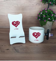 Love Sevgili Hediye Sepeti Kupa Bardak T Kulplu ve Ahşap Telefon Standı Sevgiliye Sevgililer Günü Hediyesi (Model 6)
