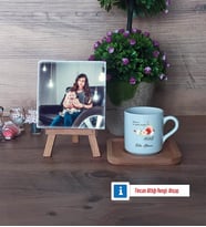 Anneye Hediye Fotoğraflı Dekoratif Taş, Ahşap Altlıklı Türk Kahvesi Fincanı Hediye (Model 1)