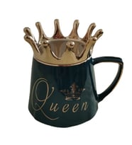Özel Tasarım Queen Kraliçe Taçlı Kapaklı Kupa Bardak (Yeşil)
