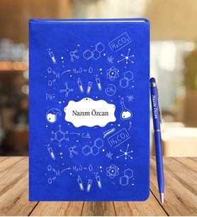 Kimya Öğretmenine Özel Deri Defter Ve Metal Roller Kalem Seti (Mavi)