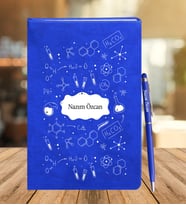 Kimya Öğretmenine Özel Deri Defter Ve Metal Roller Kalem Seti (Mavi)