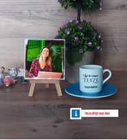 Teyzeye Doğum Günü Hediyesi Fotoğraflı Dekoratif Taş, Ahşap Altlıklı Türk Kahvesi Fincanı Hediye (Model 5)