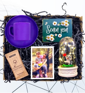 Kişiye Özel Fotoğraflı Set & Renkli Kahve Fincanı & Işıklı Mutlu Pandalı Fanus HA1 (Mor)