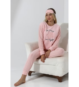 Fawn 5018 Peluş Welsoft Polar Kışlık Yıldızlı Yumoş  Kadın Pijama Takımı (Toz Pembe)