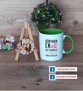 Kız Kardeş Kupa Bardak Beyaz ve Fotoğraflı Ahşap Anahtarlık Hediye (Model 14)