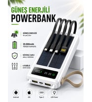 30000mAh Güneş Enerjili Powerbank 2 USB Type-C Lightning Mikro Kablolu LED Fenerli Taşınabilir Şarj Cihazı