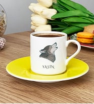Kişiye Özel Kurt Baskılı Türk Kahvesi Fincanı Babaya Kardeşe Hediye (Sarı)