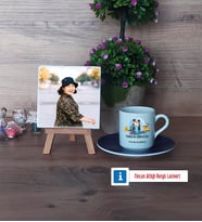 Temizlik Görevlisi Fotoğraflı Dekoratif Taş, Ahşap Altlıklı Türk Kahvesi Fincanı Hediye (Model 4)