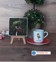 Baykuş Fotoğraflı Dekoratif Taş, Ahşap Altlıklı Türk Kahvesi Fincanı Hediye (Model 8)