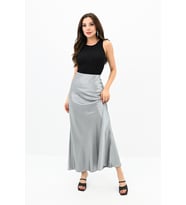 Kadın Midi Boy Yüksek Bel Dökümlü Saten Etek 6275-24 (Gri)