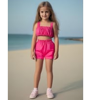 Kız Bebek Düz Renk Crop Şort Set (Pembe)
