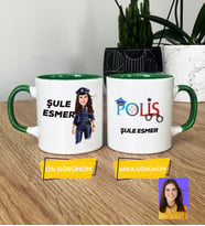 Kişiye Özel Karikatürlü Polis Hediye Kupa Bardak Kadın Polise Polisler Günü Hediyesi (Yeşil)