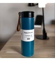 MODERN ÇİFT VAKUM YALITIMLI YANDAN DERİ TUTACAKLI SICAK/SOĞUK 450 ML GÜNLÜK, HEDİYELİK TERMOS. (Mavi)