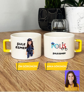 Kişiye Özel Karikatürlü Polis Hediye Lüks Fincan Kadın Polise Polisler Günü Hediyesi (Sarı)