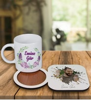 Kişiye Özel Tasarım Kupa Bardak Ve Fotoğraflı Ahşap Bardak Altlığı 99137 (Bej)