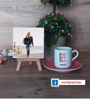 Teyzeye Hediye Fotoğraflı Dekoratif Taş, Ahşap Altlıklı Türk Kahvesi Fincanı Hediye (Model 6)