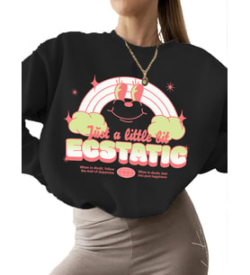 erkek unisex Sweatshirt bisiklet yaka 3 iplik şardonlu Sweatshirt kadın kalın Ecstatic - tipografik (Siyah)