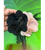 12X8 CM KABARTMA TAŞLI ÇİFT RENK ÇİÇEKLİ BROŞ TÜRBAN SAÇ AKSESUARI (Pembe)