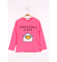 Toontoy Kız Çocuk Kedi Baskılı T-Shirt (Fuşya)