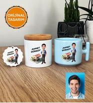 Kişiye Özel Karikatürlü Emlakçı Hediye Seti Pastel T Kupa, Kalemlik, Anahtarlık Emlakçı Hediyeleri (Mavi)