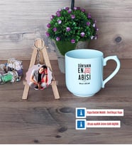 Abiye Hediye Kupa Bardak Beyaz ve Fotoğraflı Ahşap Anahtarlık Hediye (Model 5)