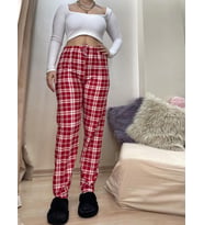 Kadın Kadife Pijama Altı Eşofman Pamuklu (Kırmızı-Beyaz)
