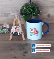 Unicorn Kupa Bardak Beyaz ve Fotoğraflı Ahşap Anahtarlık Hediye (Model 3)