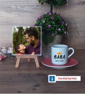 Babalar Günü Hediyesi Fotoğraflı Dekoratif Taş, Ahşap Altlıklı Türk Kahvesi Fincanı HediyeBabaya Hediye (Model 6)