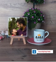 Babalar Günü Hediyesi Fotoğraflı Dekoratif Taş, Ahşap Altlıklı Türk Kahvesi Fincanı HediyeBabaya Hediye (Model 6)