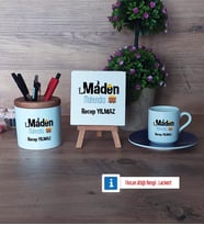 Maden Mühendisi Hediye Seti Dekoratif Taş, Kalemlik, Ahşap Altlıklı Türk Kahvesi Fincanı Hediye (Model 4)