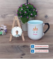 Unicorn Kupa Bardak Beyaz ve Fotoğraflı Ahşap Anahtarlık Hediye (Model 10)