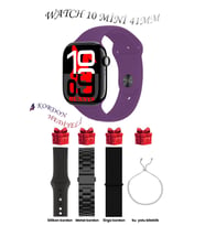 Samsung Galaxy M20 Uyumlu Açık Mavi Akıllı Saat Watch 10 Mini Kordon Hediyeli AMOLED EKRAN 41MM (Siyah-Mor)