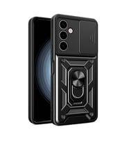 Samsung Galaxy A24 Kılıf Yüzüklü Standli Sürgülü Kamera Korumalı Tank Sert Silikon Kapak (Siyah)