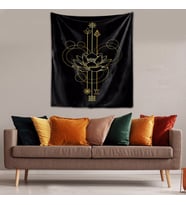 Yıkanabilir Leke Tutmaz Mikropetek Kumaş Lotus Yaşam Çiçeği Siyah Duvar Örtüsü Duvar Halısı Tapestry (Siyah)