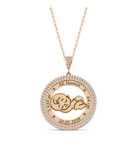 Mina Silver Yeni Doğum İsimli Doğum Bilgili Hediye Erkek Bebek Simgeli Taşlı 925 Ayar Gümüş Kolye (Rose)