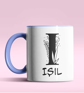 Kişiye Özel I Harfi Romantik Tasarım Siyah Renk Kupa (Mavi)