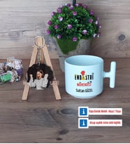 Endüstri Mühendisi Kupa Bardak Beyaz ve Fotoğraflı Ahşap Anahtarlık Hediye (Model 12)