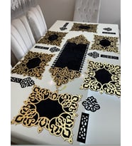 KADİFE RUNNER, AMERİKAN SERVİS TAKIMI MASA ÖRTÜSÜ(KREM ÜZERİ ALTIN/GÜMÜŞ VARAK İŞLEMELİ) (Siyah-Altın)